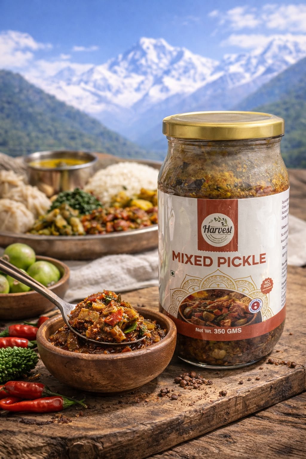 Harvest Wholesome Foods Mixed Pickle jar with a Himalayan mountain backdrop
