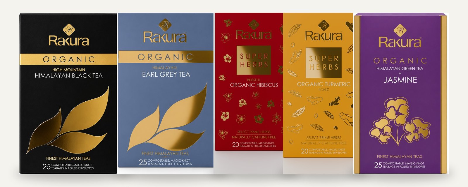 Rakura Himalayan tea range — Black Tea, Earl Grey, Hibiscus, Turmeric Tonic and Jasmine